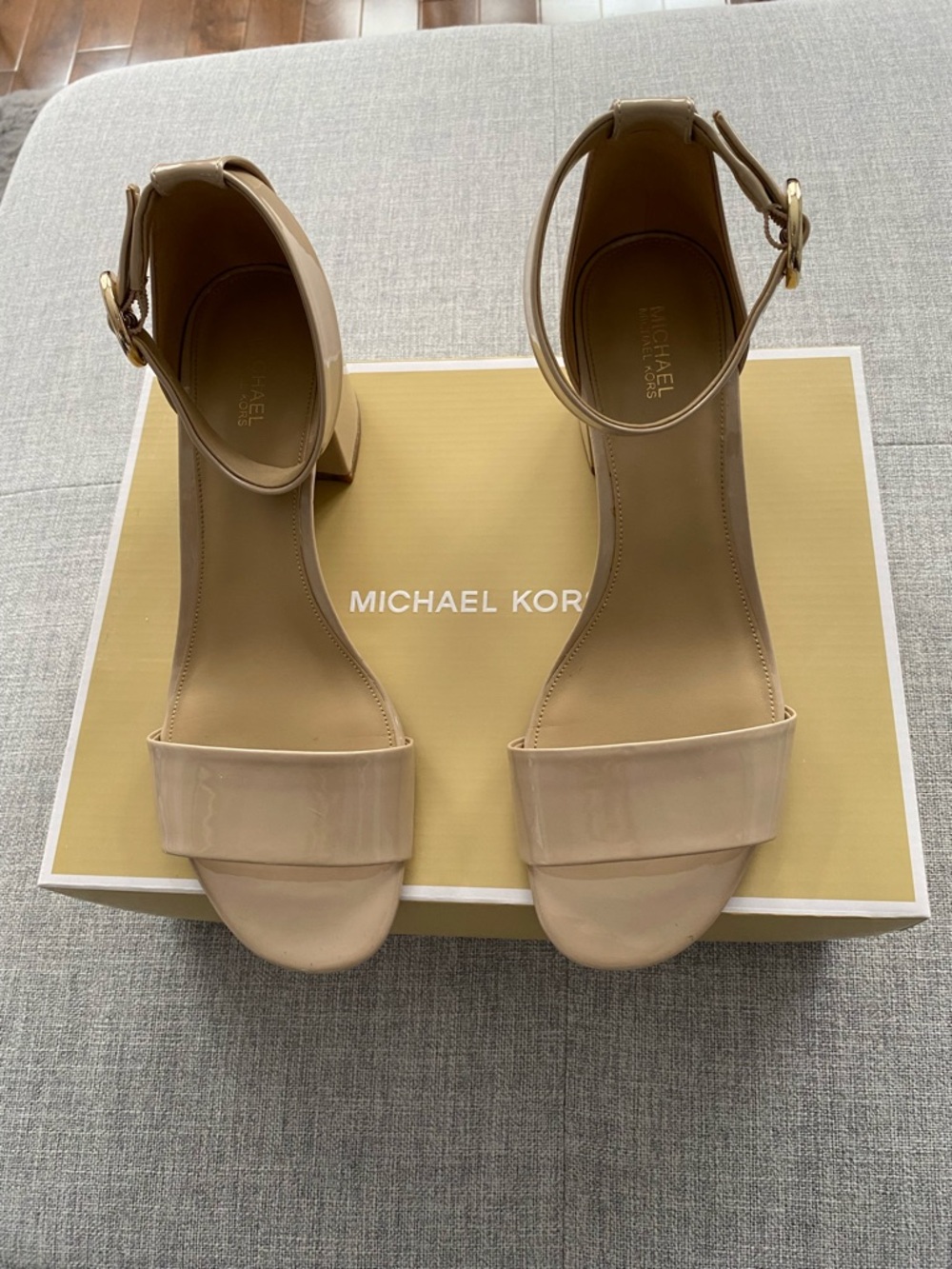Michael Kors Beige Patent Block Heel Ankle-Strap Sandals